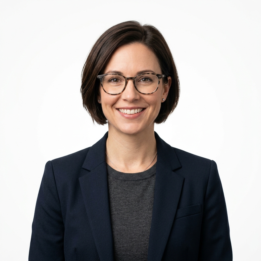 The Agency marketing coordinator — a smiling professional woman with glasses in a navy blazer