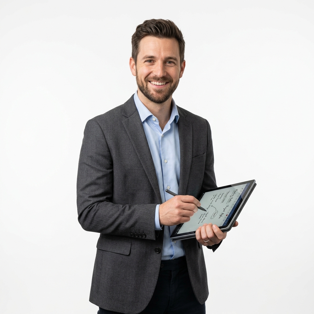 Bob, the AI sales assistant — a smiling man in a blazer holding a tablet and stylus