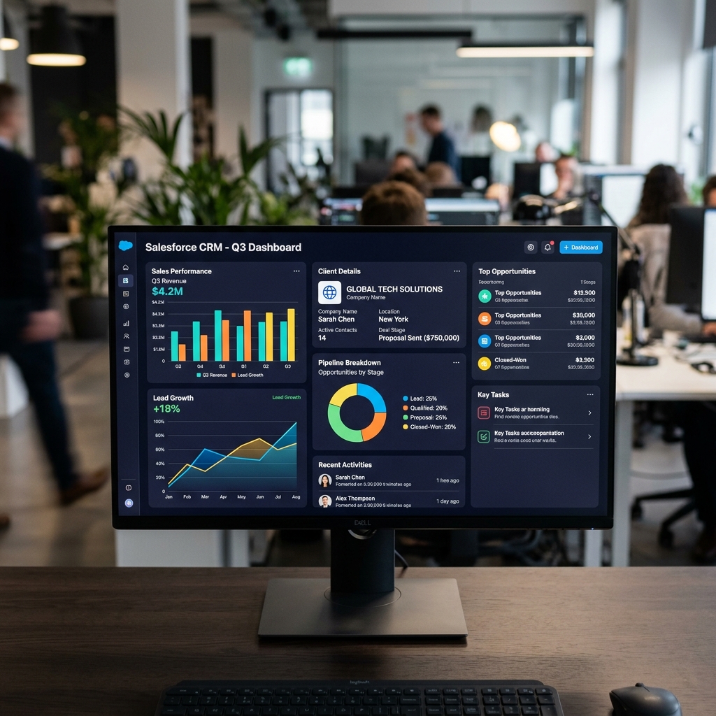 A desktop monitor showing a CRM dashboard with sales performance, pipeline breakdown, and client details