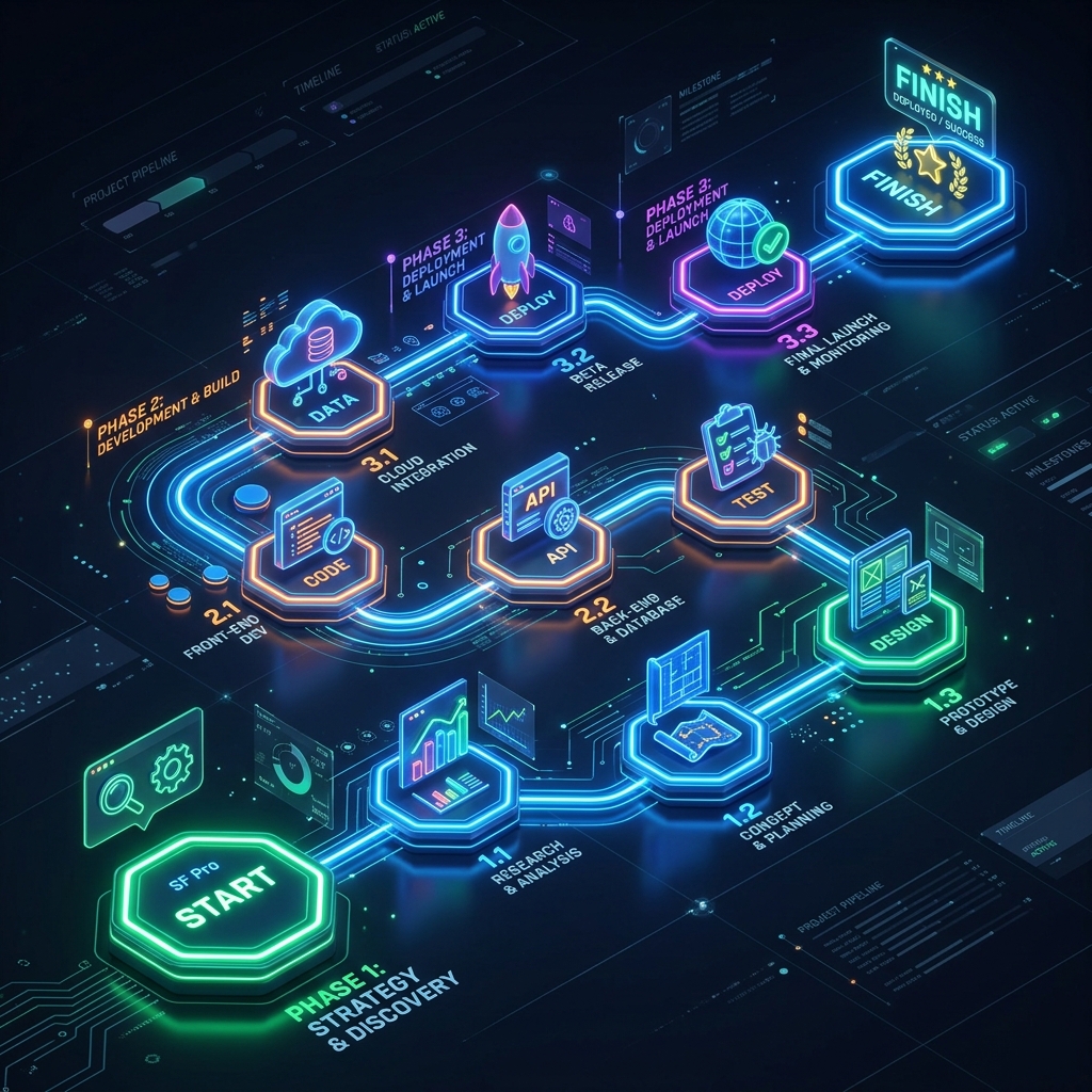 An isometric neon roadmap diagram running from Start through Strategy, Build, and Deployment to Finish