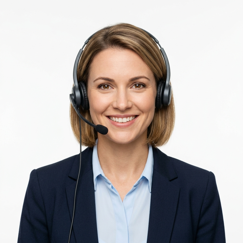 A smiling professional woman wearing a call-center headset against a plain white background