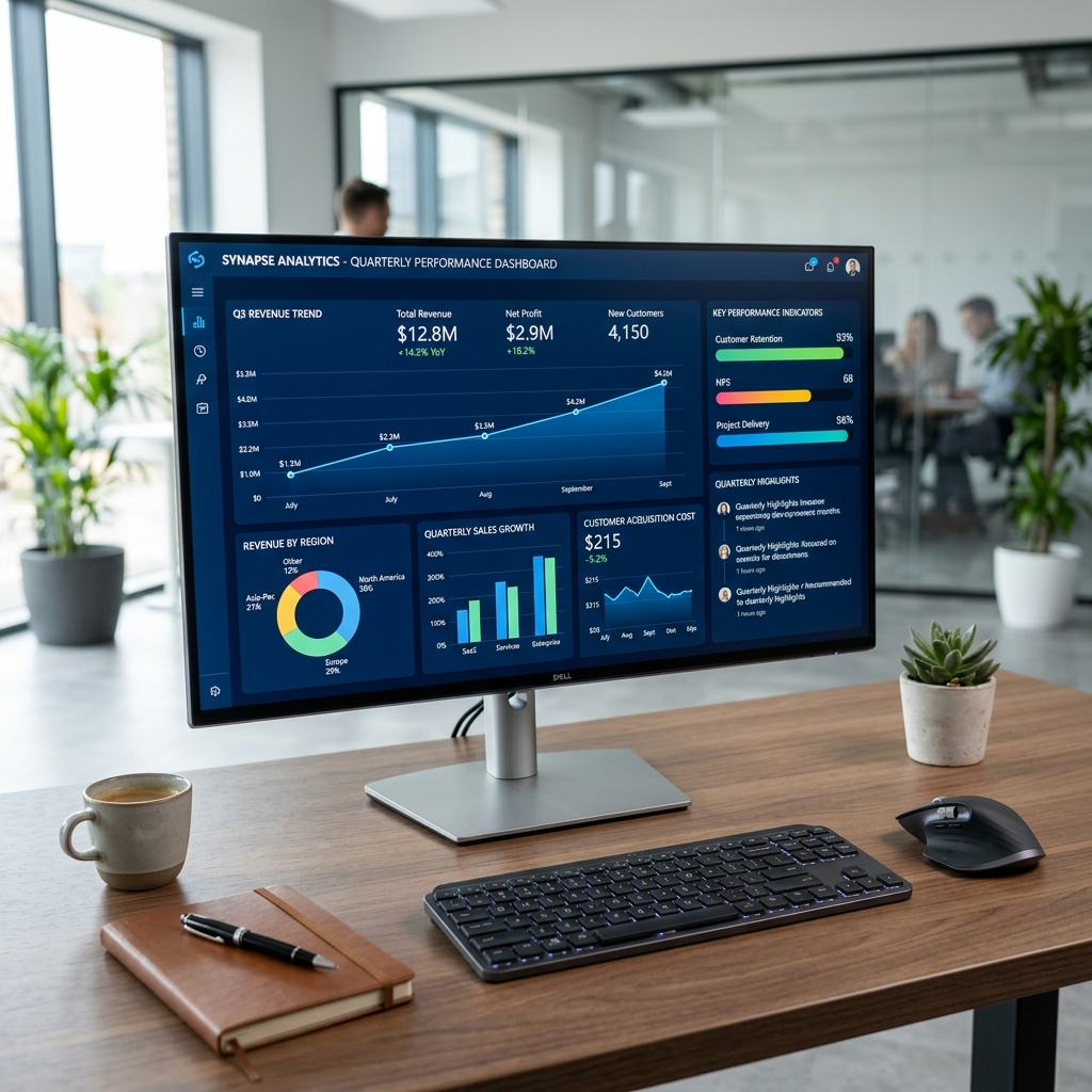 A desktop monitor on an office desk displaying a quarterly sales performance dashboard with revenue charts and KPIs