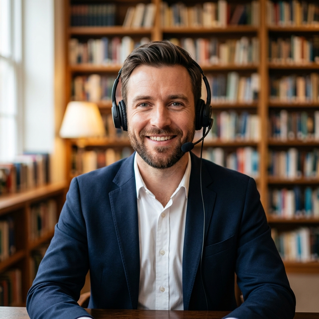 Sales Prep, the AI research assistant — a smiling man wearing a headset seated in a library