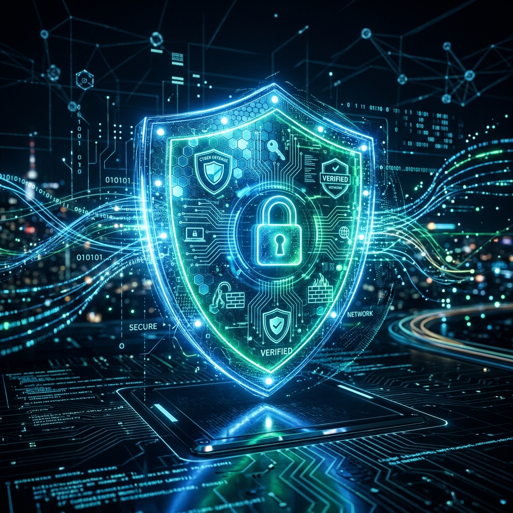 A glowing digital shield with a padlock over a circuit-board background, representing data security and compliance