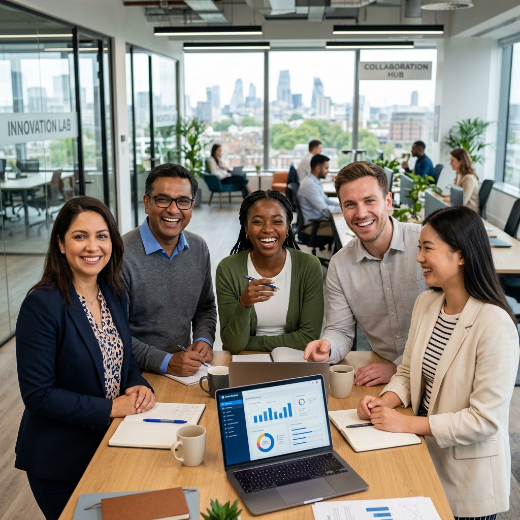 The Agent Suite human support team — a diverse group of colleagues smiling around a laptop in a modern office